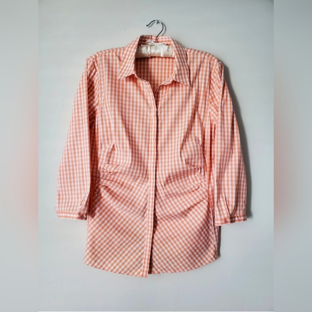 Lafayette 148  Button Down Blouse Shirt Sz 14 Orange/White Gingham Check Stretch